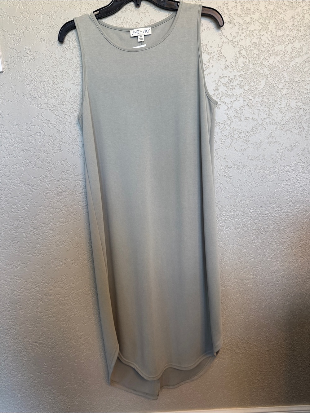 She + Sky Sleeveless High-Low Shift Dress in Sage Gray